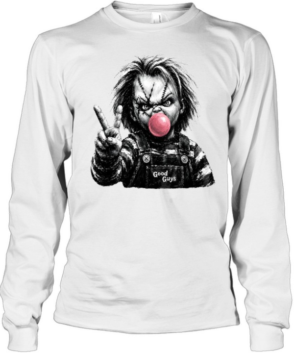 Funny Chucky Doll Blowing Bubble Gum Peace Sign Halloween Horror Long Sleeved T-shirt