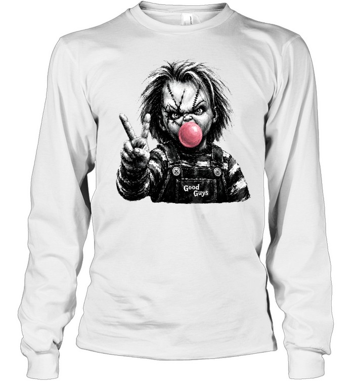 Funny Chucky Doll Blowing Bubble Gum Peace Sign Halloween Horror Long Sleeved T-shirt
