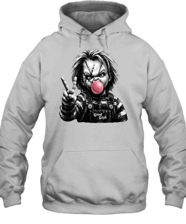 Funny Chucky Doll Blowing Bubble Gum Peace Sign Halloween Horror Unisex Hoodie