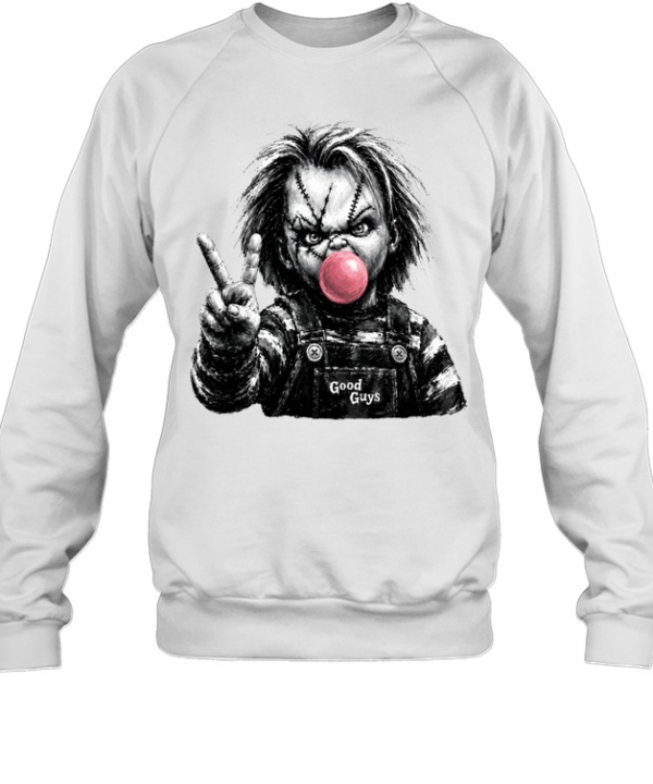 Funny Chucky Doll Blowing Bubble Gum Peace Sign Halloween Horror Unisex Sweatshirt