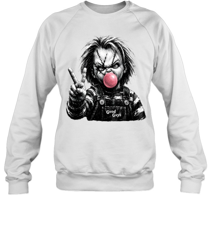 Funny Chucky Doll Blowing Bubble Gum Peace Sign Halloween Horror Unisex Sweatshirt Funny Chucky Doll Blowing Bubble Gum Peace Sign Halloween Horror Unisex Sweatshirt