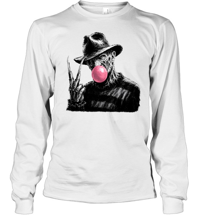 Funny Freddy Krueger Blowing Bubble Gum Peace Sign Halloween Horror Long Sleeved T-shirt