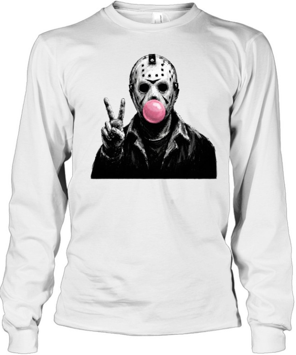 Funny Jason Voorhees Blowing Bubble Gum Peace Sign Halloween Horror Long Sleeved T-shirt