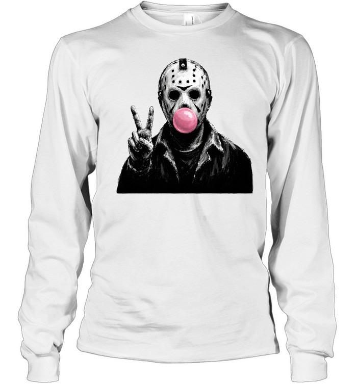 Funny Jason Voorhees Blowing Bubble Gum Peace Sign Halloween Horror Long Sleeved T-shirt