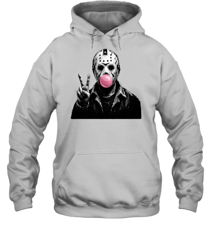 Funny Jason Voorhees Blowing Bubble Gum Peace Sign Halloween Horror Unisex Hoodie Funny Jason Voorhees Blowing Bubble Gum Peace Sign Halloween Horror Unisex Hoodie