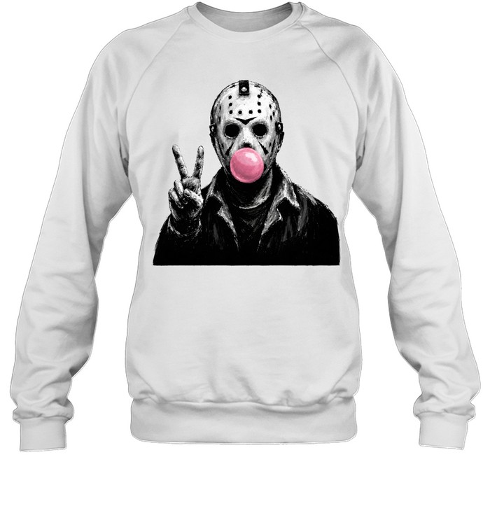 Funny Jason Voorhees Blowing Bubble Gum Peace Sign Halloween Horror Unisex Sweatshirt Funny Jason Voorhees Blowing Bubble Gum Peace Sign Halloween Horror Unisex Sweatshirt