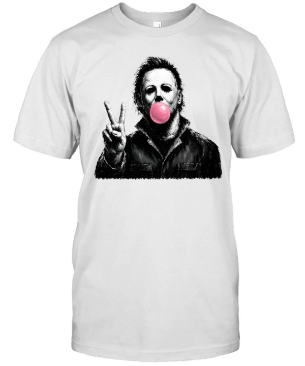 Funny Michael Myers Blowing Bubble Gum Peace Sign Halloween Horror  Classic Men's T-shirt
