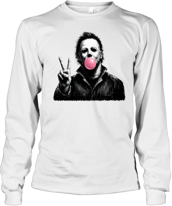Funny Michael Myers Blowing Bubble Gum Peace Sign Halloween Horror Long Sleeved T-shirt