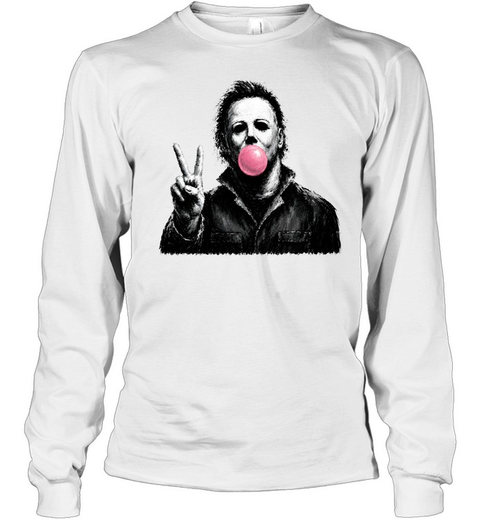 Funny Michael Myers Blowing Bubble Gum Peace Sign Halloween Horror Long Sleeved T-shirt