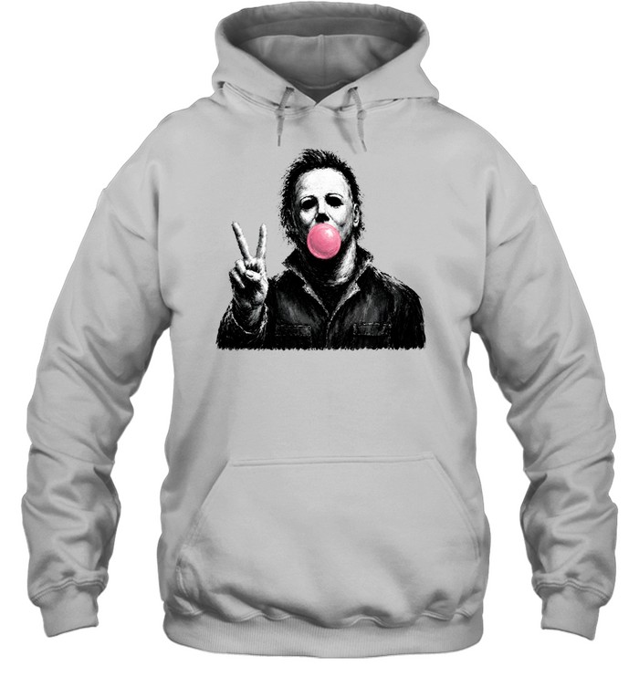 Funny Michael Myers Blowing Bubble Gum Peace Sign Halloween Horror Unisex Hoodie Funny Michael Myers Blowing Bubble Gum Peace Sign Halloween Horror Unisex Hoodie