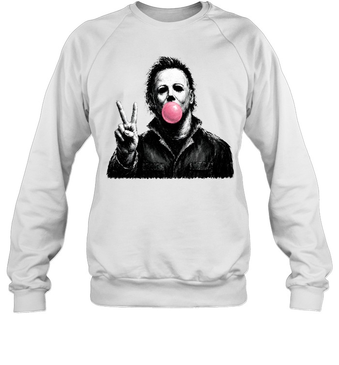 Funny Michael Myers Blowing Bubble Gum Peace Sign Halloween Horror Unisex Sweatshirt Funny Michael Myers Blowing Bubble Gum Peace Sign Halloween Horror Unisex Sweatshirt