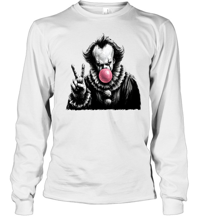 Funny Pennywise Blowing Bubble Gum Peace Sign Halloween Horror Long Sleeved T-shirt
