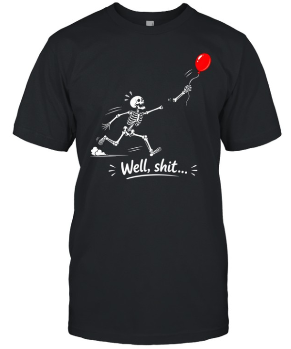 Funny Running Skeleton Chasing Arm Well Shit Red Balloon Graphic  Classic Men's T-shirt