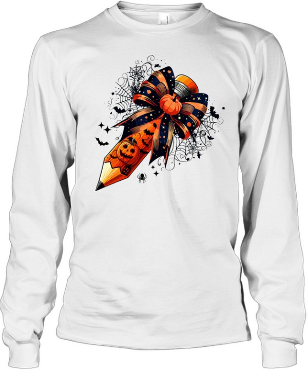 Halloween Teacher Pencil Pumpkin Bow Back To School T- Long Sleeved T-shirt