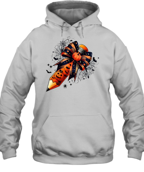 Halloween Teacher Pencil Pumpkin Bow Back To School T- Unisex Hoodie