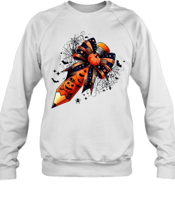 Halloween Teacher Pencil Pumpkin Bow Back To School T- Unisex Sweatshirt