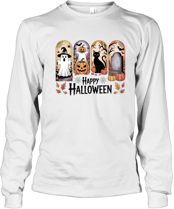 Happy Halloween Cute Ghost Black Cat Pumpkin T- Long Sleeved T-shirt