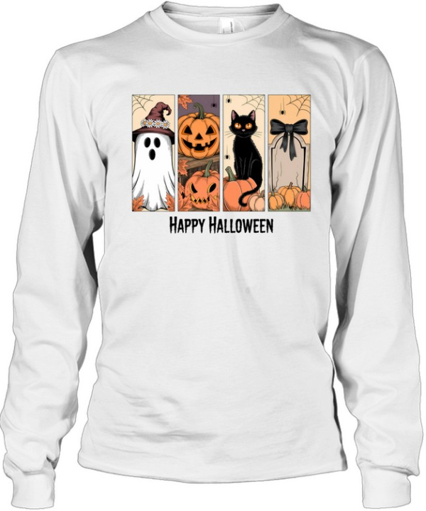 Happy Halloween Cute Witch Ghost Black Cat Pumpkin T- Long Sleeved T-shirt