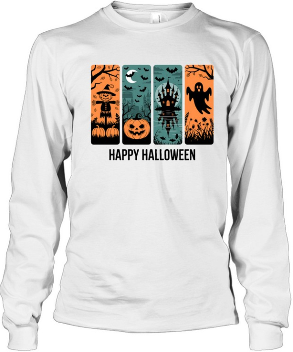 Happy Halloween Scarecrow Pumpkin Haunted Castle Ghost T- Long Sleeved T-shirt