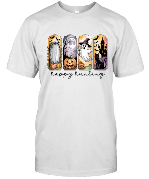 Happy Hunting Cute Ghost Black Cat Pumpkin Graveyard Halloween T- Classic Men's T-shirt