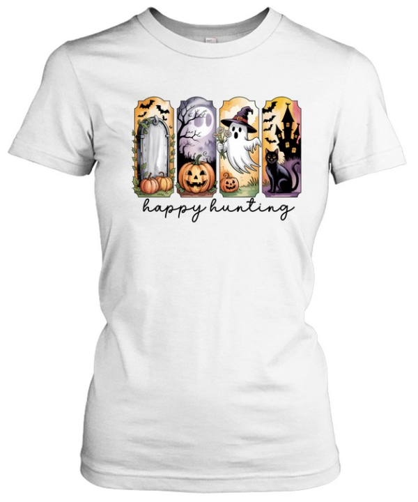 Happy Hunting Cute Ghost Black Cat Pumpkin Graveyard Halloween T- Classic Women's T-shirt