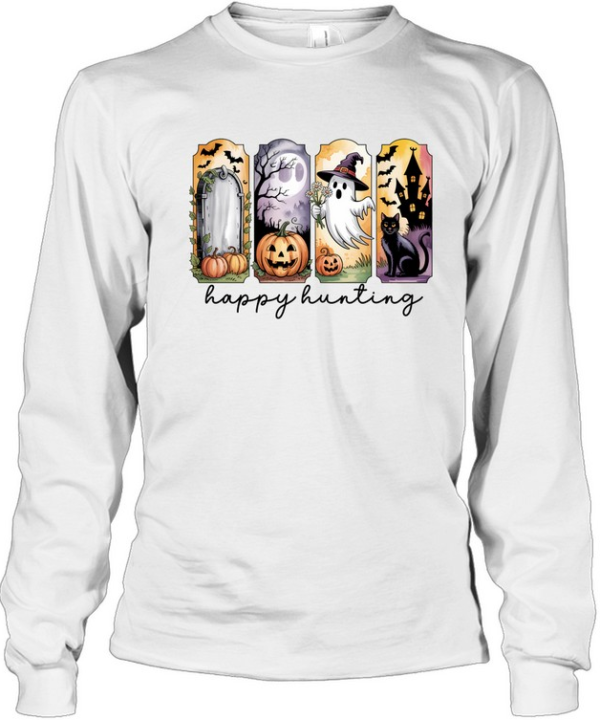 Happy Hunting Cute Ghost Black Cat Pumpkin Graveyard Halloween T- Long Sleeved T-shirt