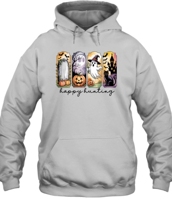 Happy Hunting Cute Ghost Black Cat Pumpkin Graveyard Halloween T- Unisex Hoodie