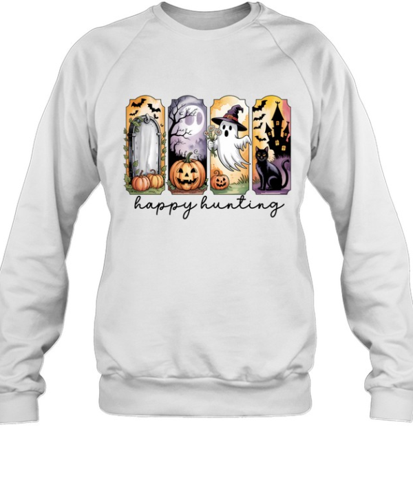 Happy Hunting Cute Ghost Black Cat Pumpkin Graveyard Halloween T- Unisex Sweatshirt