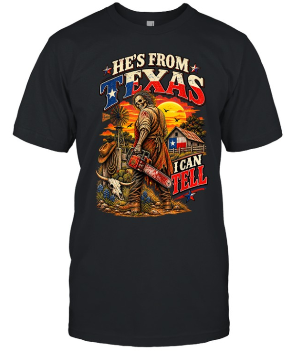 He's From Texas I Can Tell Chainsaw Skeleton Texas Flag Barn Halloween T- Classic Men's T-shirt