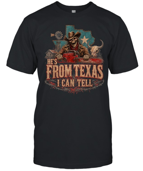 He's From Texas I Can Tell Cowboy Skull Chainsaw Texas Flag Halloween T- Classic Men's T-shirt