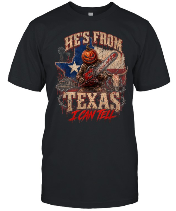 He's From Texas I Can Tell Pumpkin Head Chainsaw Horror Halloween T- Classic Men's T-shirt