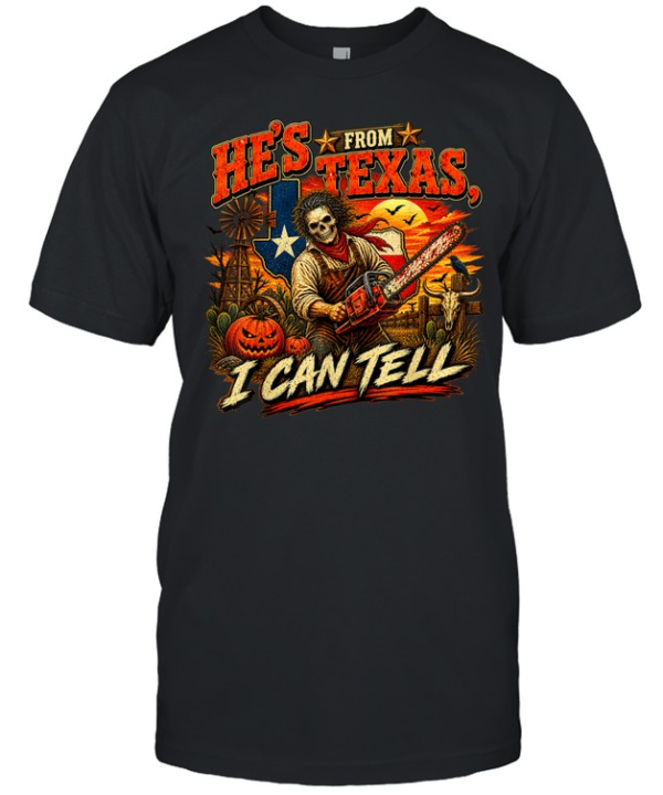 He's From Texas I Can Tell Skeleton Chainsaw Texas Flag Pumpkin Halloween T- Classic Men's T-shirt
