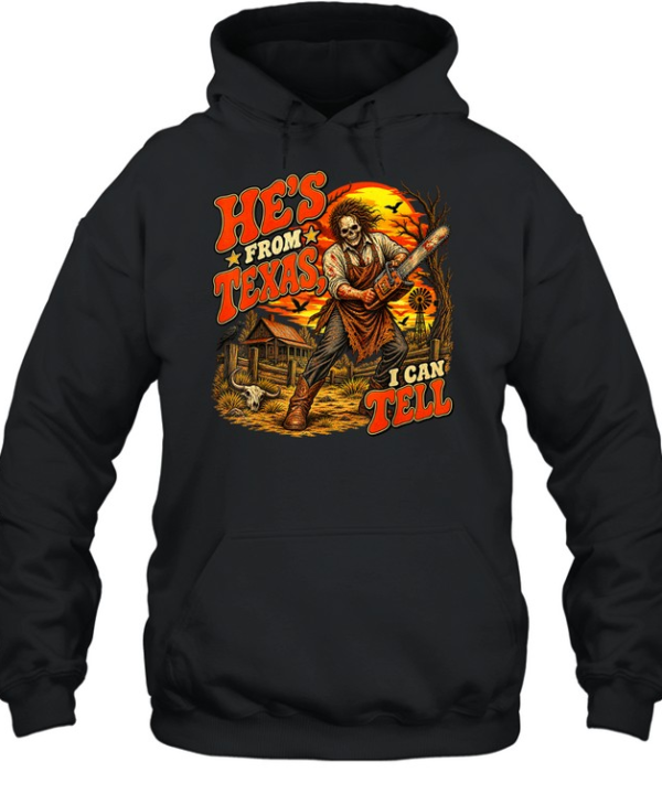 He's From Texas I Can Tell Skull Chainsaw Sunset Farm Halloween T- Unisex Hoodie