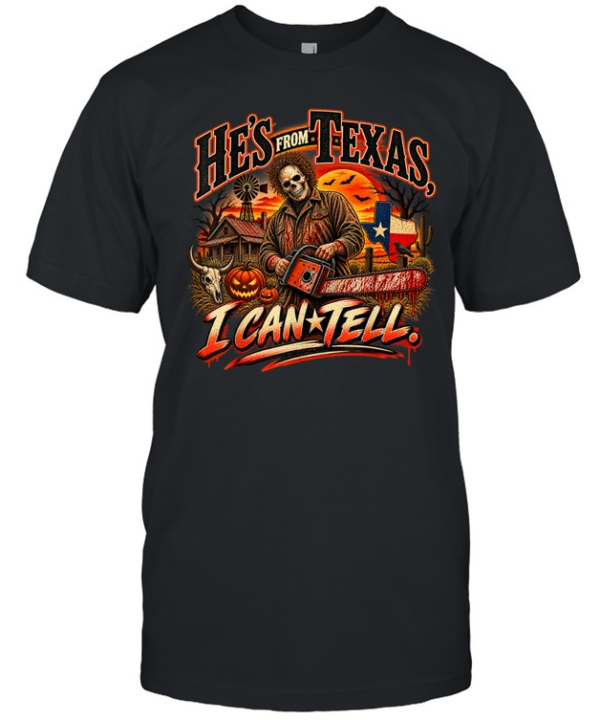 He's From Texas I Can Tell Skull Chainsaw Texas Flag Pumpkin Halloween T- Classic Men's T-shirt