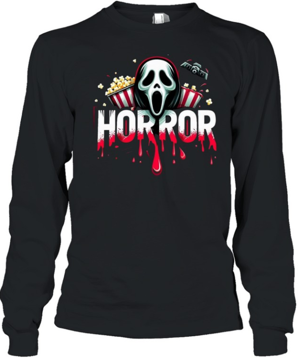 Horror Movie Night Ghostface Popcorn Blood Drip Halloween Long Sleeved T-shirt
