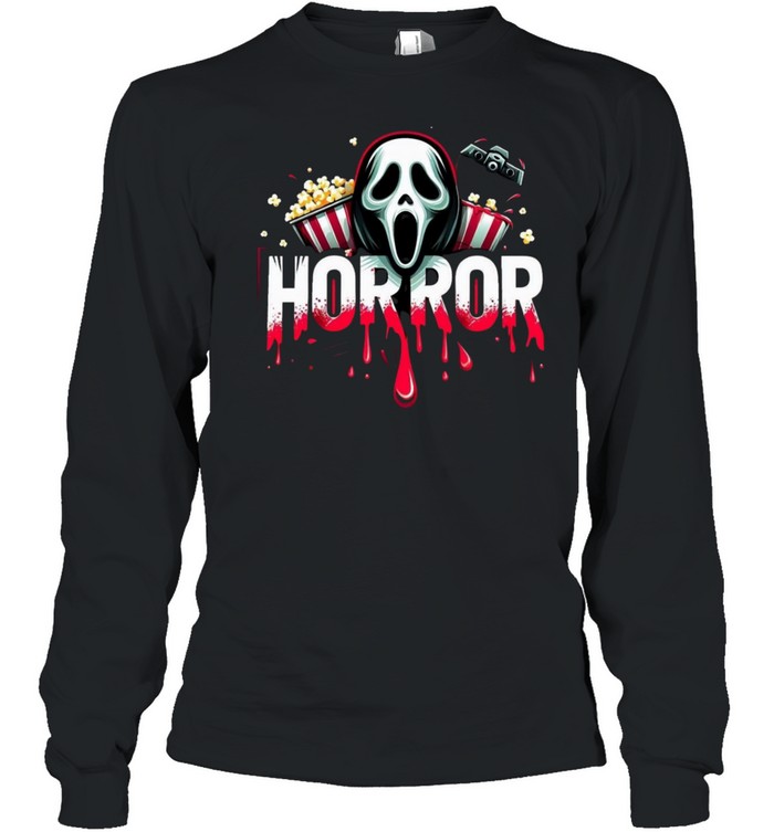 Horror Movie Night Ghostface Popcorn Blood Drip Halloween Long Sleeved T-shirt