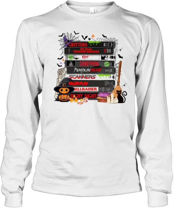 Horror Movie VHS Tapes Halloween Stack Pumpkin T- Long Sleeved T-shirt