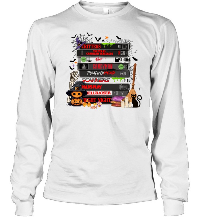 Horror Movie VHS Tapes Halloween Stack Pumpkin T- Long Sleeved T-shirt