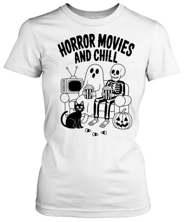 Horror Movies And Chill Skeleton Ghost Black Cat Halloween T- Classic Women's T-shirt