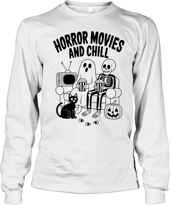 Horror Movies And Chill Skeleton Ghost Black Cat Halloween T- Long Sleeved T-shirt