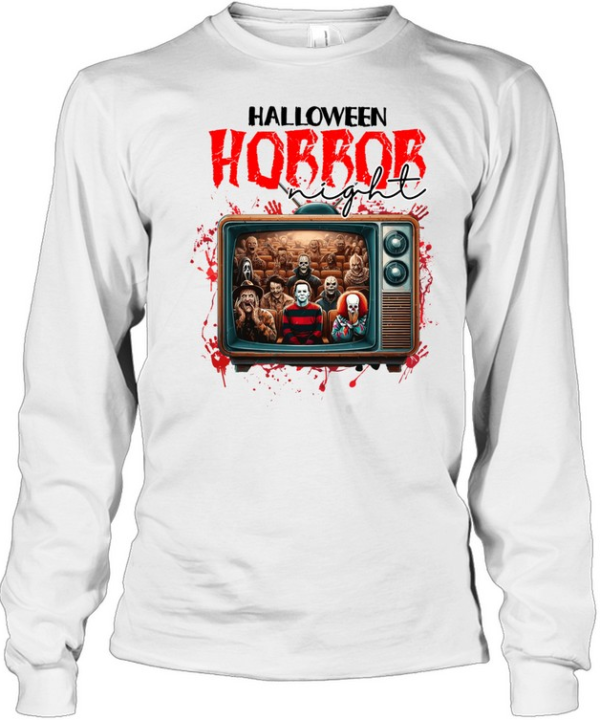 Horror Night Retro TV Movie Cinema Slashers Halloween T- Long Sleeved T-shirt