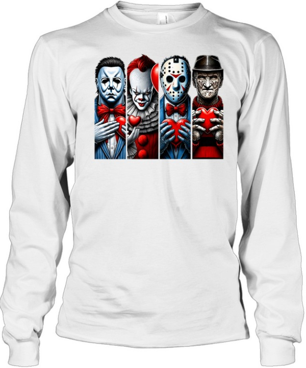 Horror Slasher Squad Gentlemen Holding Hearts Valentine Halloween Graphic Long Sleeved T-shirt