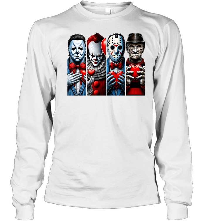 Horror Slasher Squad Gentlemen Holding Hearts Valentine Halloween Graphic Long Sleeved T-shirt