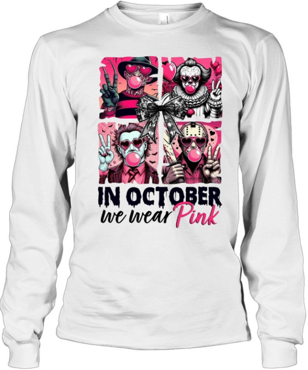 In October We Wear Pink Slasher Squad Bubblegum Coquette Bow Halloween  Long Sleeved T-shirt