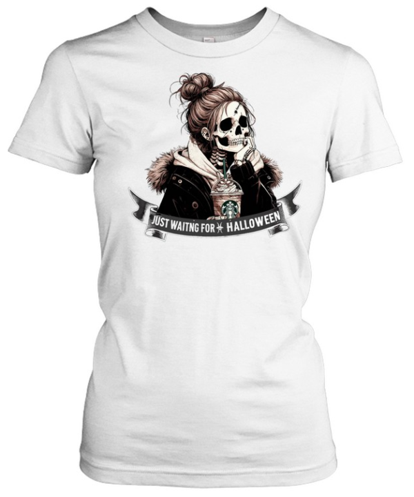 Just Waiting For Halloween Skeleton Girl Messy Bun Iced Coffee T- Classic Women's T-shirt