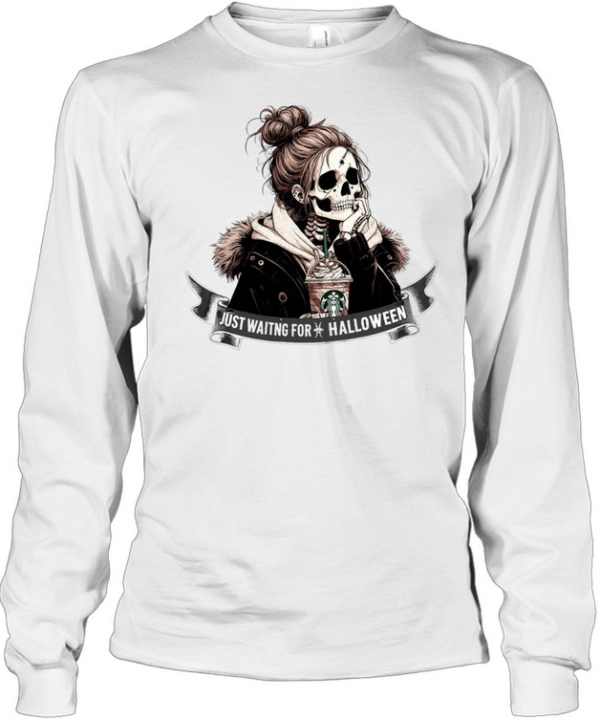 Just Waiting For Halloween Skeleton Girl Messy Bun Iced Coffee T- Long Sleeved T-shirt