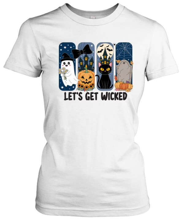 Let's Get Wicked Cute Ghost Black Cat Pumpkin Graveyard Halloween T- Classic Women's T-shirt