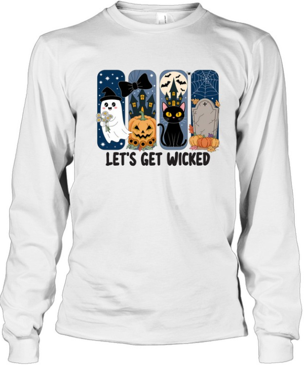 Let's Get Wicked Cute Ghost Black Cat Pumpkin Graveyard Halloween T- Long Sleeved T-shirt