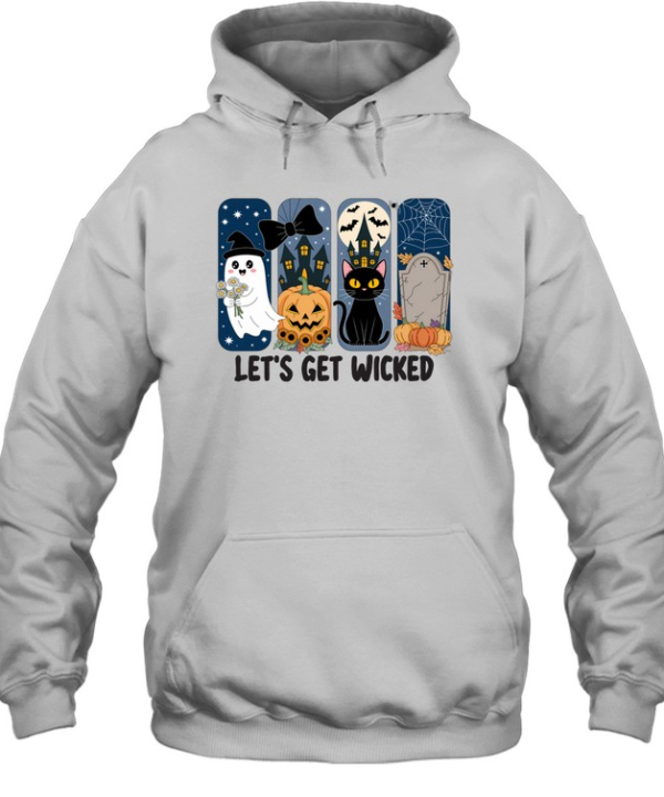Let's Get Wicked Cute Ghost Black Cat Pumpkin Graveyard Halloween T- Unisex Hoodie