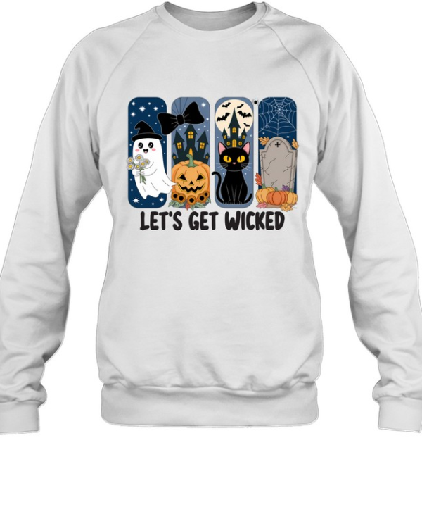 Let's Get Wicked Cute Ghost Black Cat Pumpkin Graveyard Halloween T- Unisex Sweatshirt
